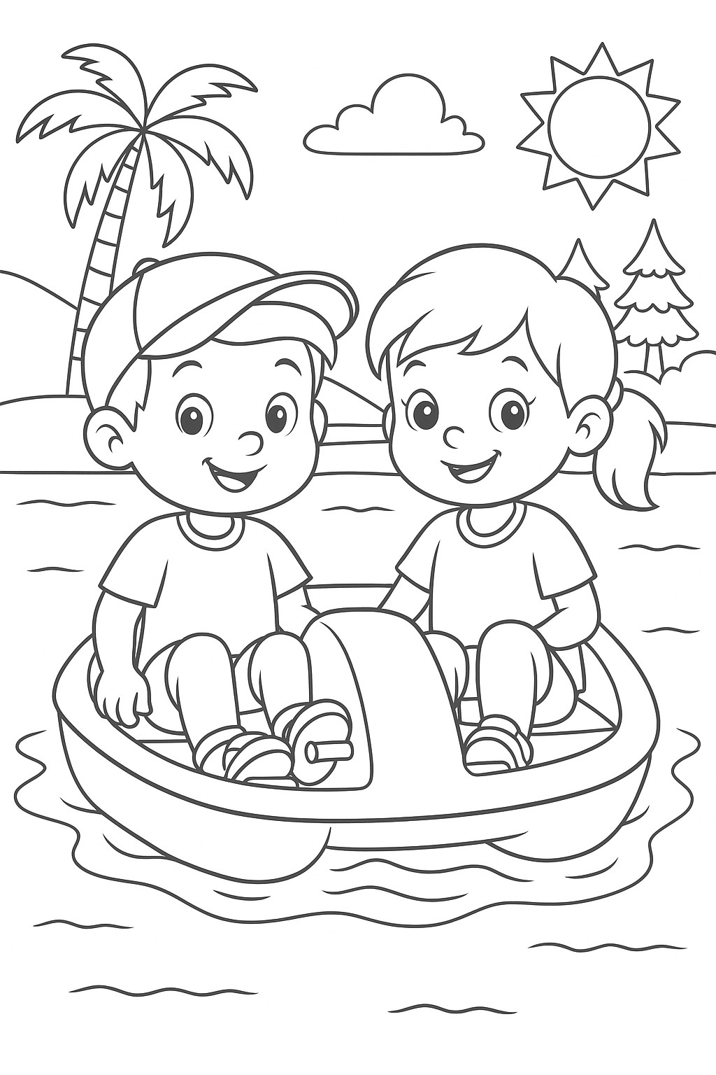 coloriages gratuits sur l'été des enfants font du pedalo
