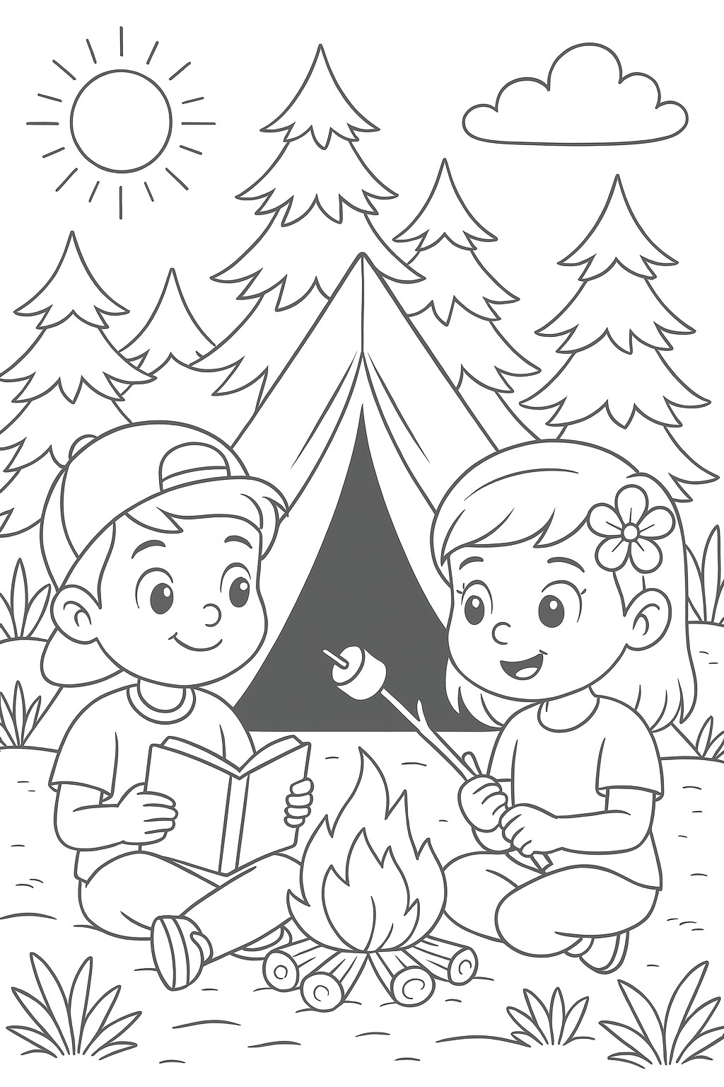 coloriages gratuits sur l'été des enfants font un feu de camp