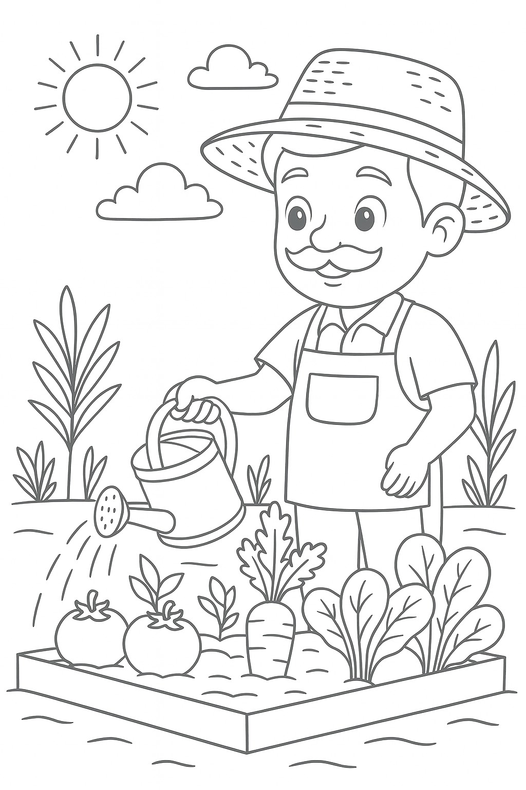 coloriages gratuits sur l'été un jardinier arrose son potager