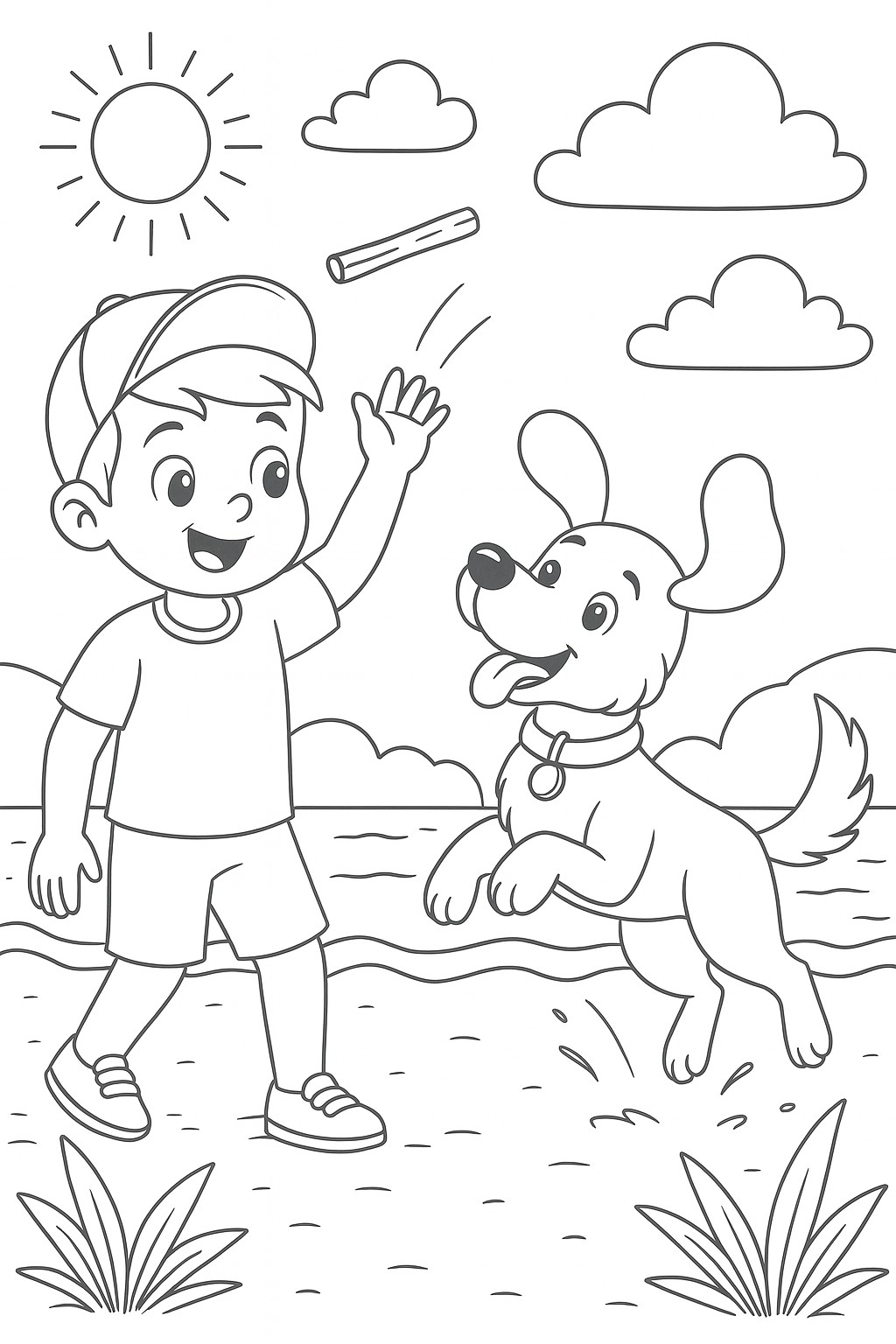coloriages gratuits sur l'été un garcon joue avec son chien sur la plage