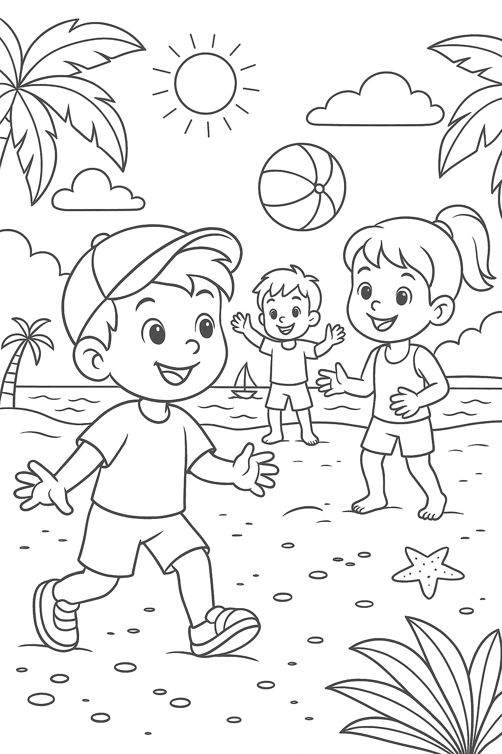 coloriages gratuits sur l'été des enfants jouent sur la plage