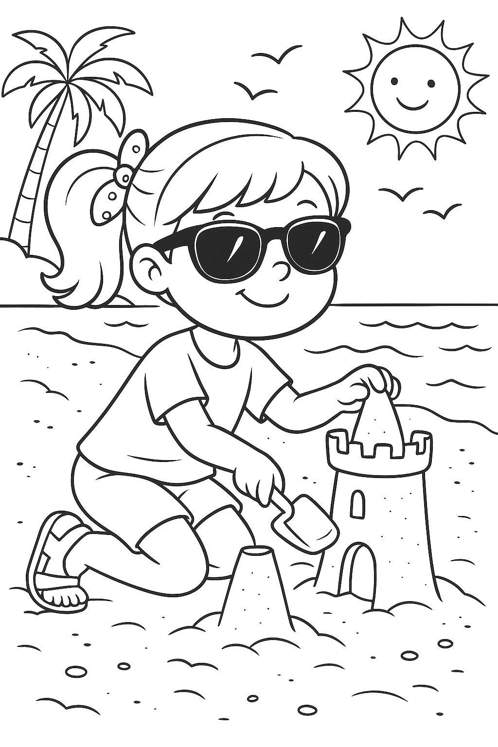 coloriages gratuits sur l'été une fille fait des chateaux de sable
