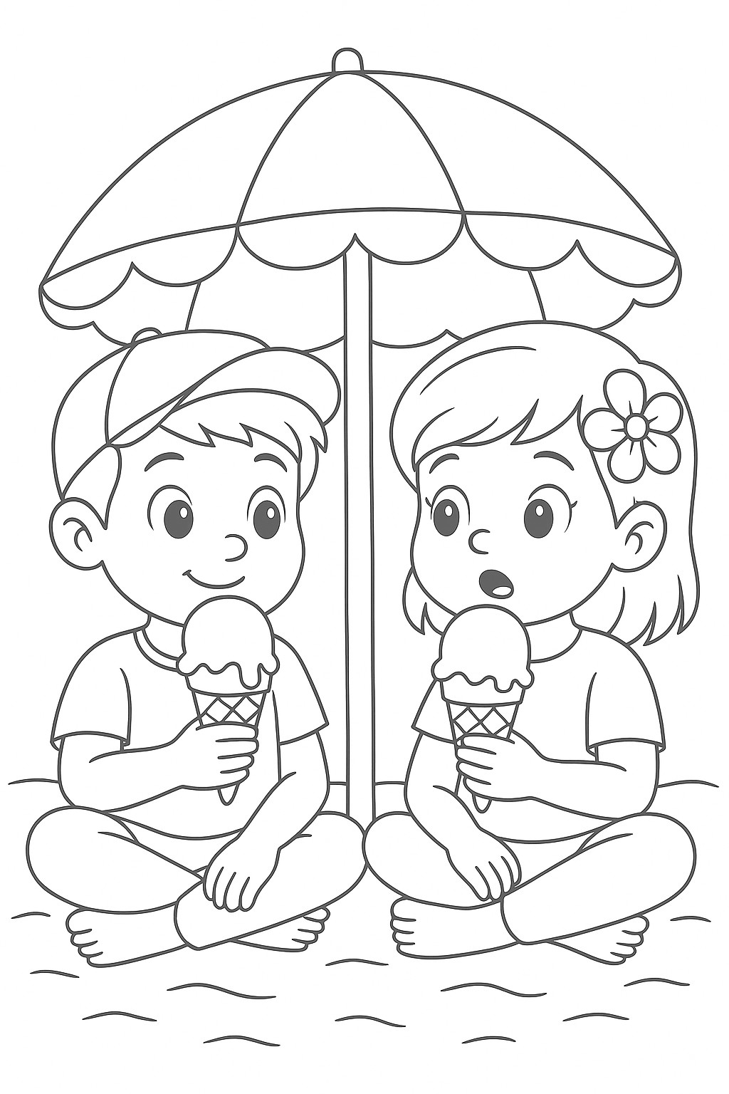 coloriages gratuits sur l'été des enfants mangent une glace