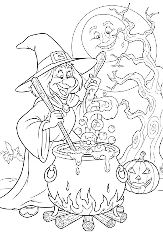 coloriages gratuits halloween sorciere preparant une potion d'halloween