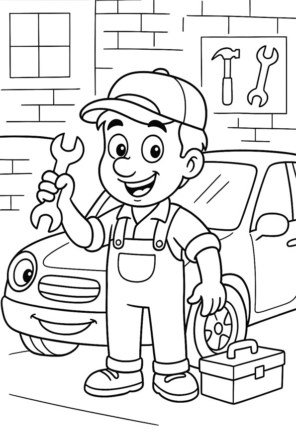 coloriage gratuit un mécanicien répare une voiture