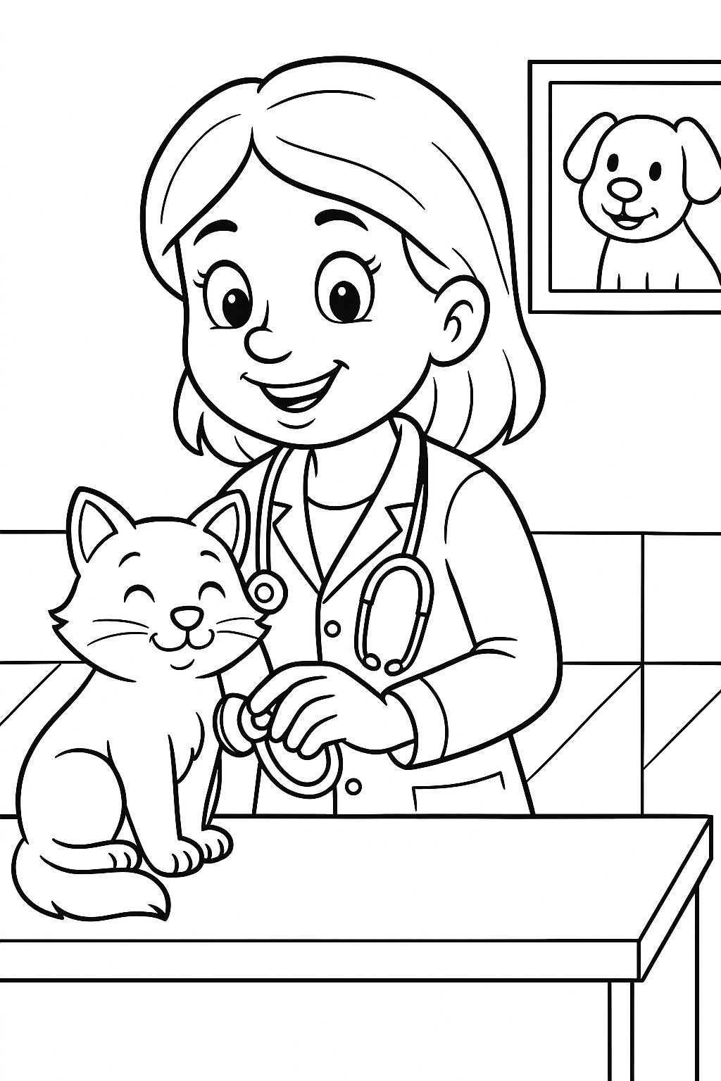 coloriage gratuit une vétérinaire soigne un chat