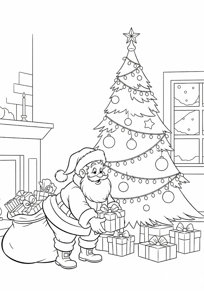 coloriages de noel le pere noel depose les cadeaux