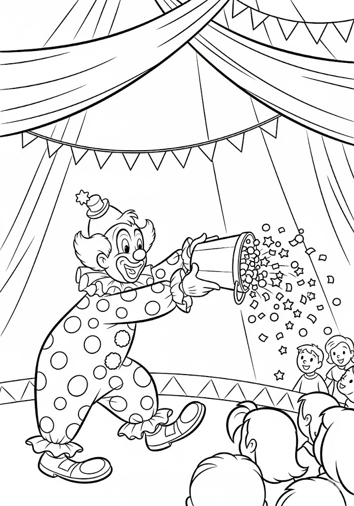 Clown lançant des confettis à colorier