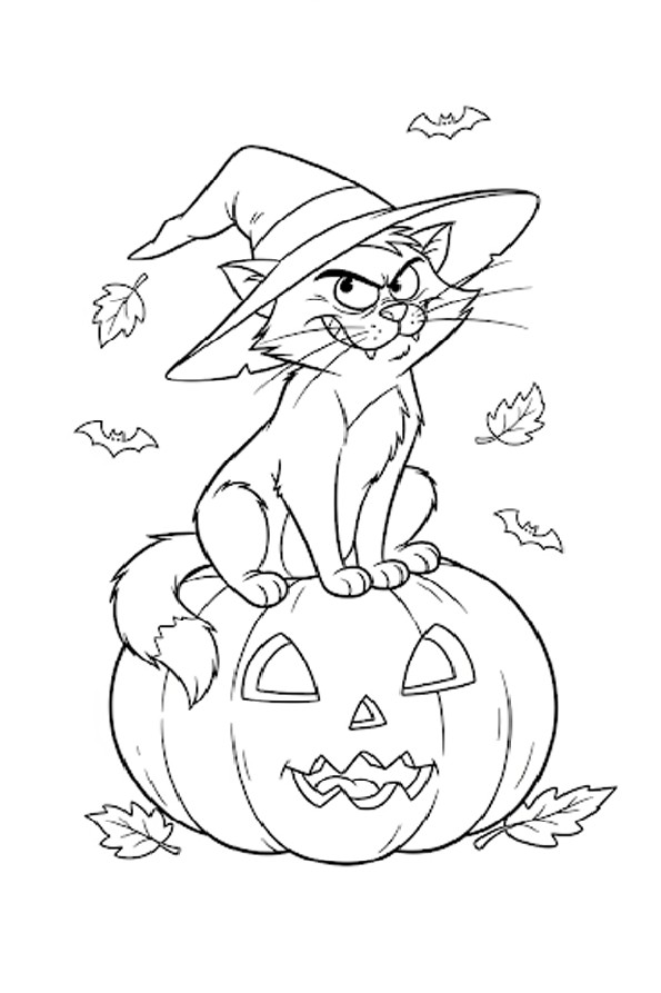 Chat de sorcière d'Halloween à colorier