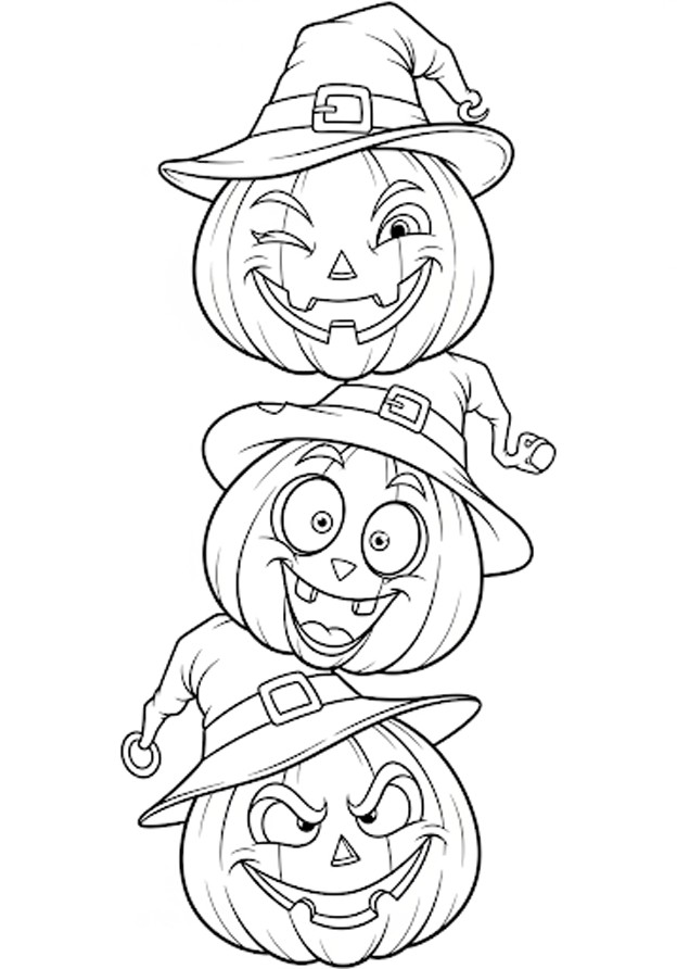 Trois citrouilles d'Halloween à colorier