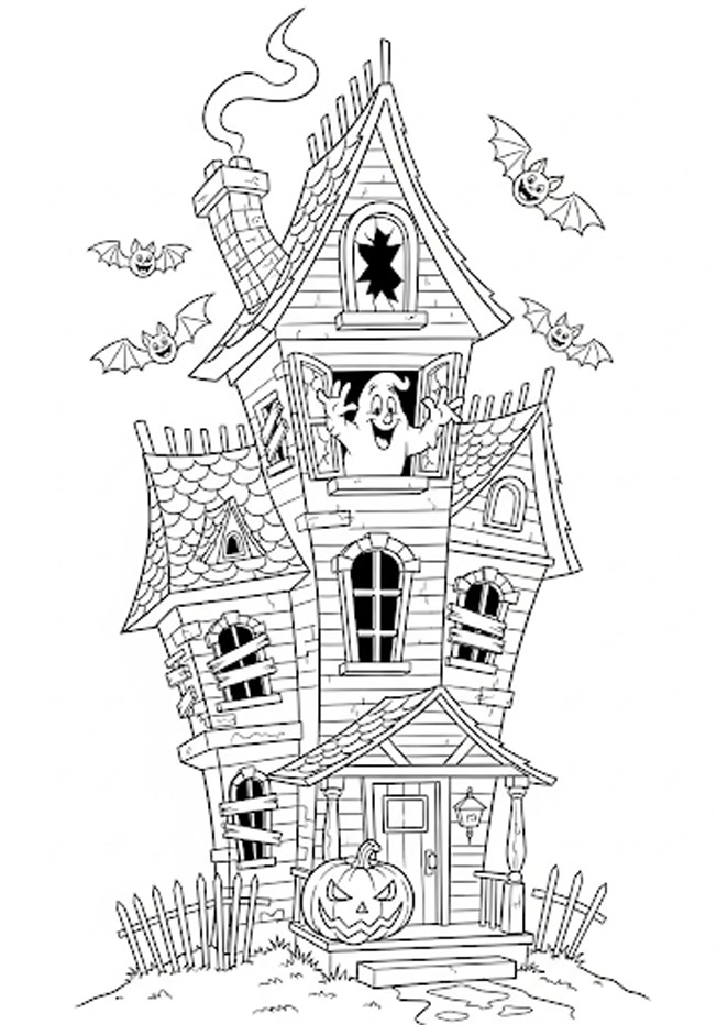 Maison hantée d'Halloween à colorier