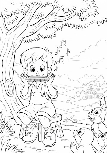 Garçon jouant de l'harmonica à colorier