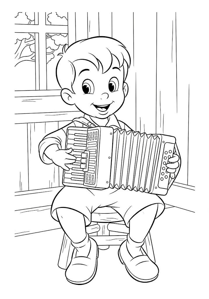 Garçon jouant de l'accordéon à colorier