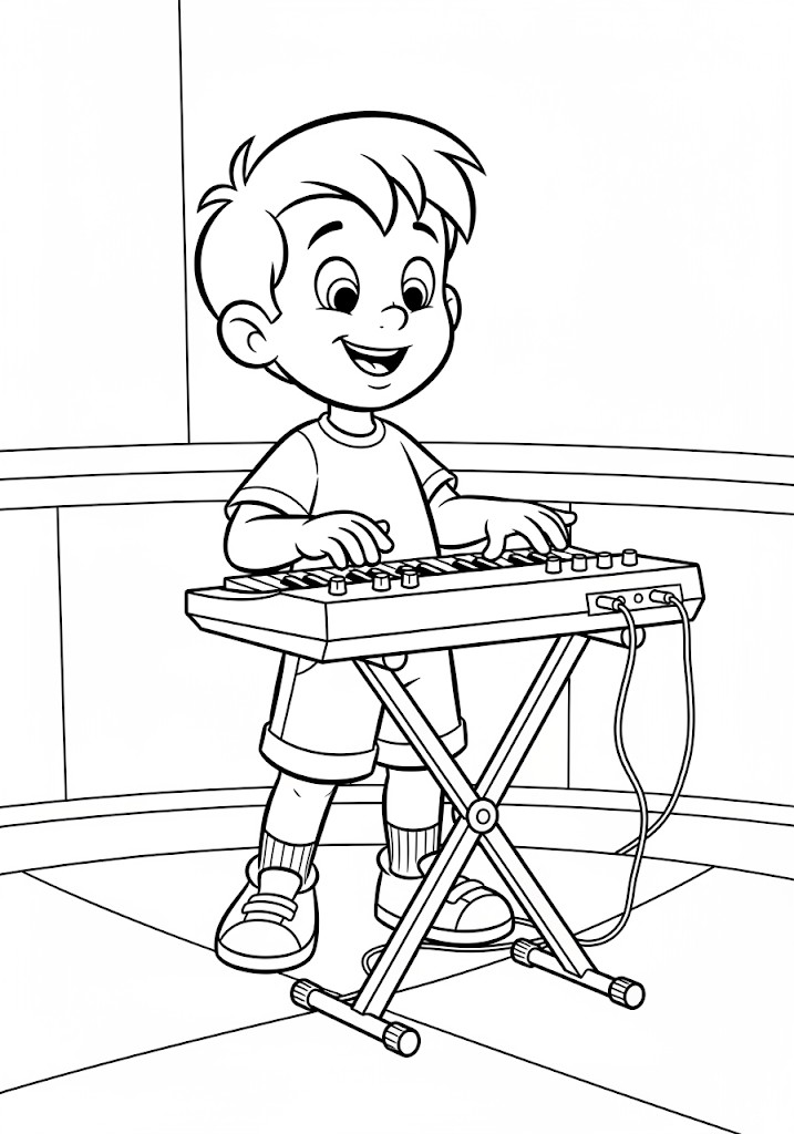 Garçon jouant du synthétiseur à colorier