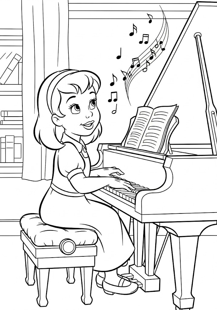 Fille jouant du piano à colorier