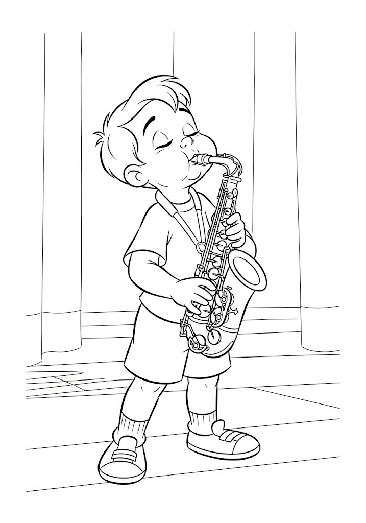 Garçon jouant du saxophone à colorier
