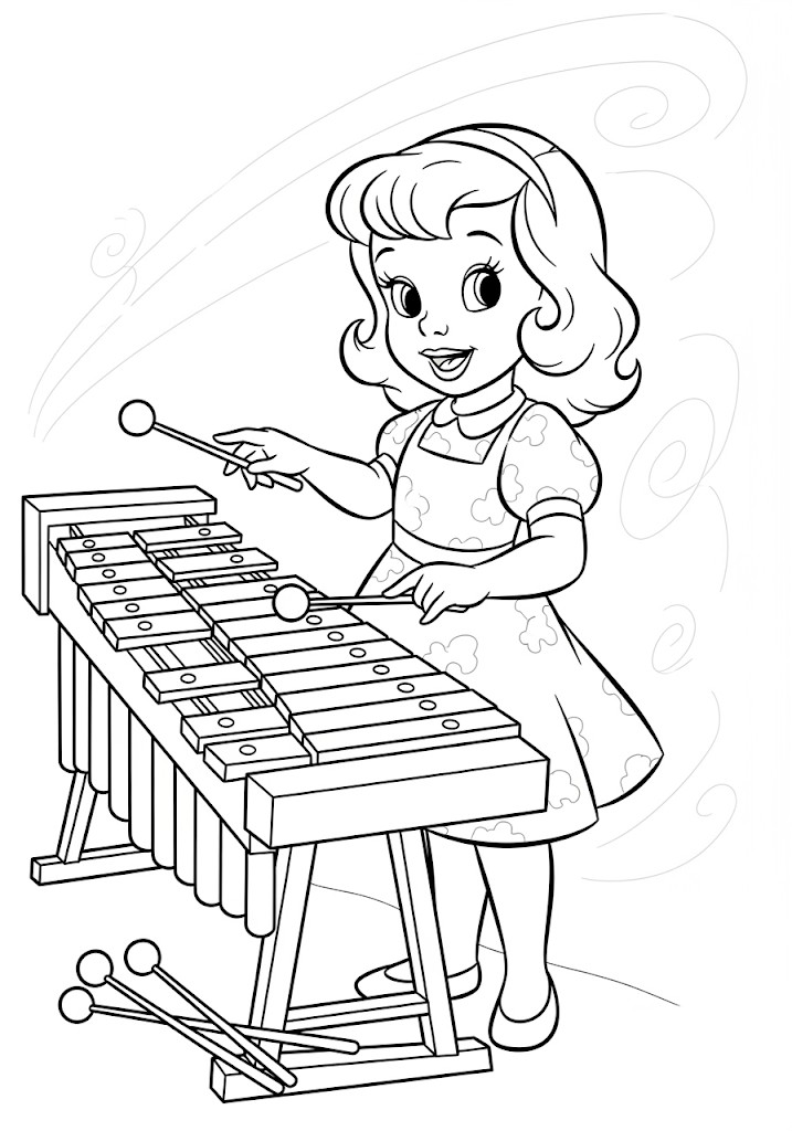 Fille jouant du xylophone à colorier