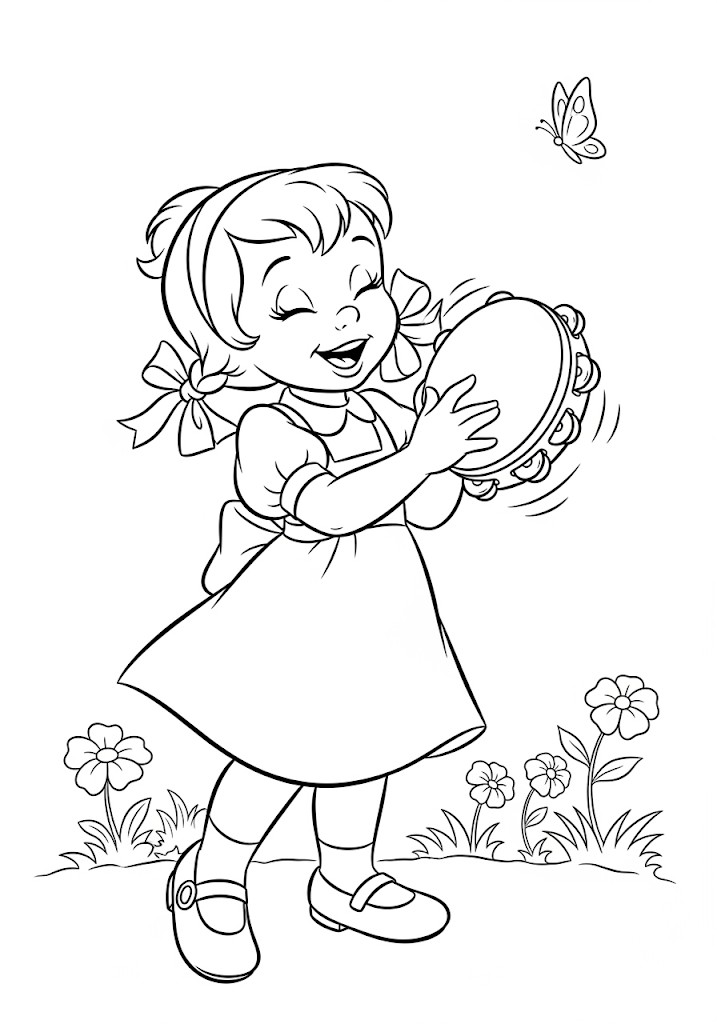 Fille jouant du tambourin à colorier