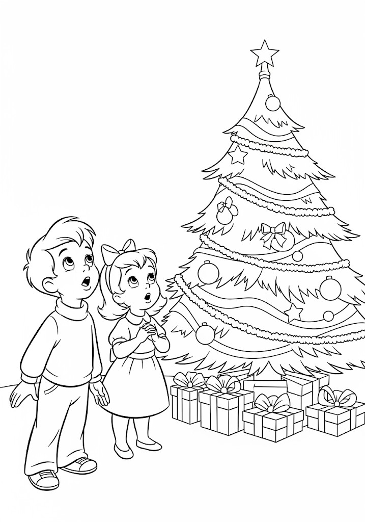 Enfants découvrant les cadeaux de Noël
