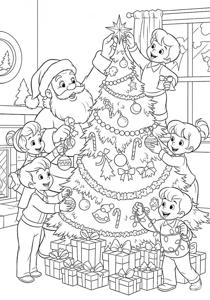 Enfants décorant le sapin de Noël