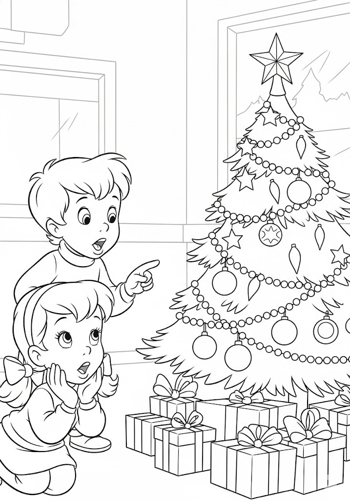 Enfants découvrant les cadeaux de Noël