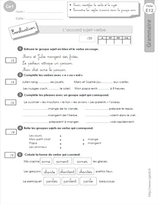 Aperçu fiche 1 : l'accord sujet-verbe CE1