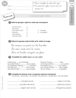 Aperçu fiche 1 : l'accord sujet-verbe CE1