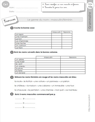 Aperçu fiche 1 : le genre du nom CE1