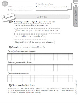 Aperçu fiche 1 : la phrase CE1