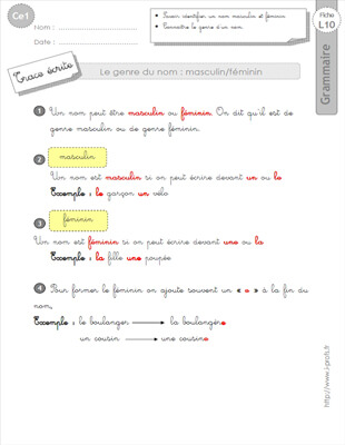 Aperçu fiche 1 : le genre du nom CE1