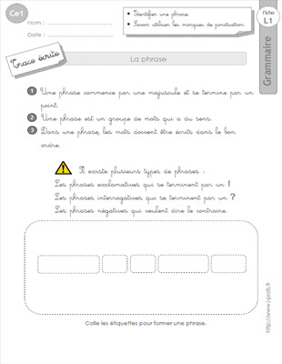 Aperçu fiche 1 : la phrase CE1