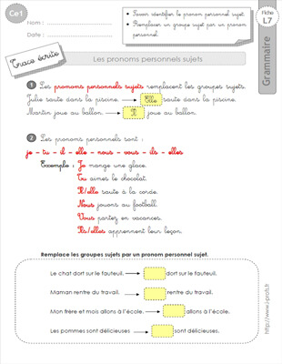 Aperçu fiche 1 : les pronoms CE1