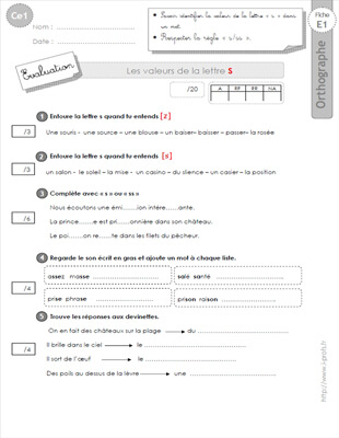 Aperçu fiche 1 : les valeurs de la lettre s CE1
