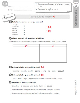 Aperçu fiche 1 : les valeurs de la lettre c CE1