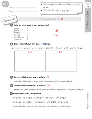 Aperçu fiche 1 : les valeurs de la lettre g CE1