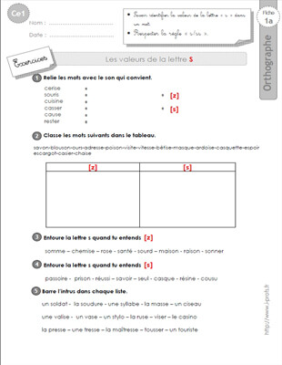 Aperçu fiche 1 : les valeurs de la lettre s CE1
