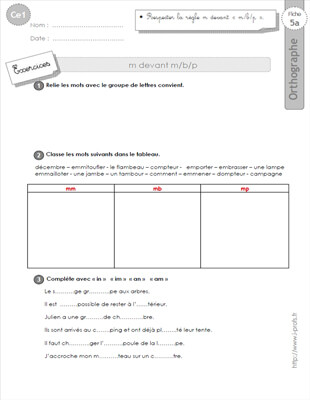 Aperçu fiche 1 : m devant m,b,p CE1