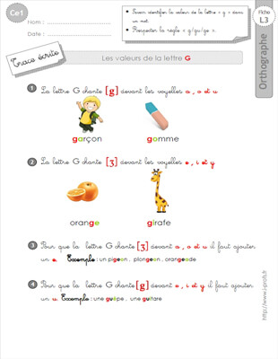 Aperçu fiche 1 : les valeurs de la lettre g CE1