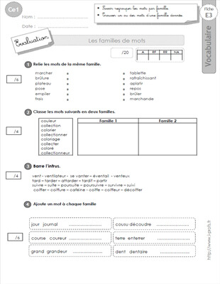 Aperçu fiche 1 : les familles de mots CE1