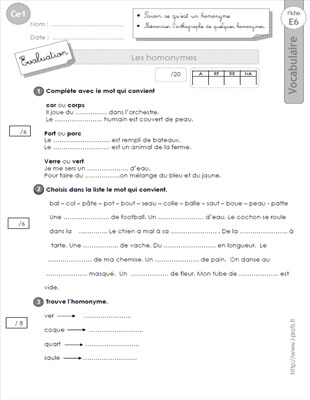 Aperçu fiche 1 : les homonymes CE1