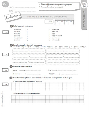 Aperçu fiche 1 : les mots contraires CE1