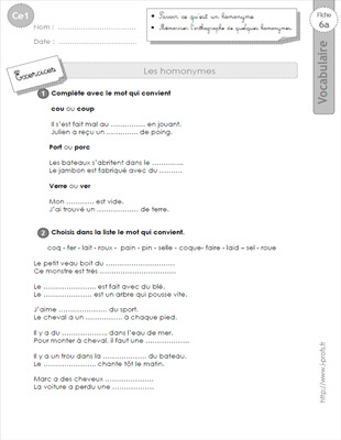 Aperçu fiche 1 : les homonymes CE1