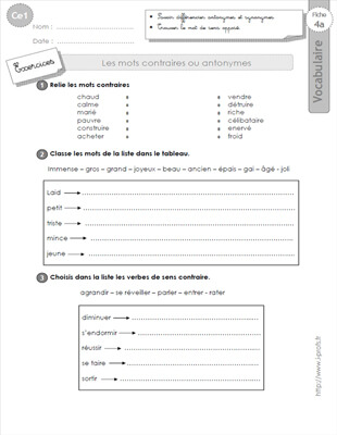 Aperçu fiche 1 : les mots contraires CE1
