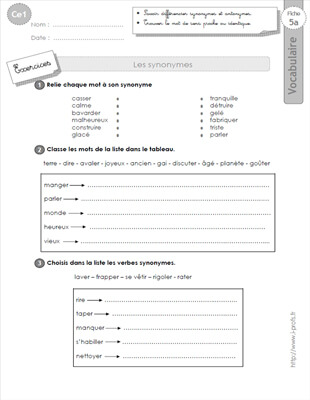 Aperçu fiche 1 : les synonymes CE1