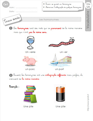 Aperçu fiche 1 : les homonymes CE1