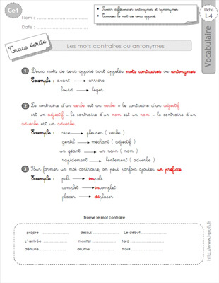Aperçu fiche 1 : les mots contraires CE1