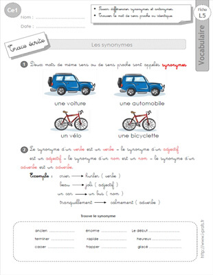 Aperçu fiche 1 : les synonymes CE1