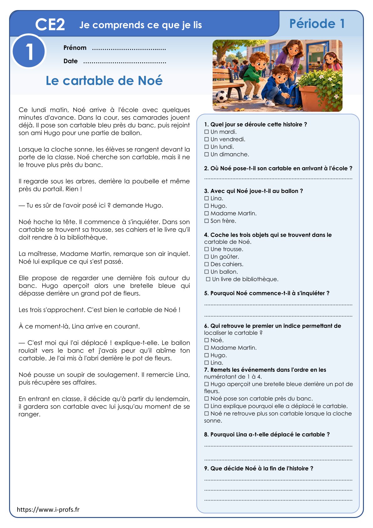 Aperçu texte : Le cartable de Noé CE2