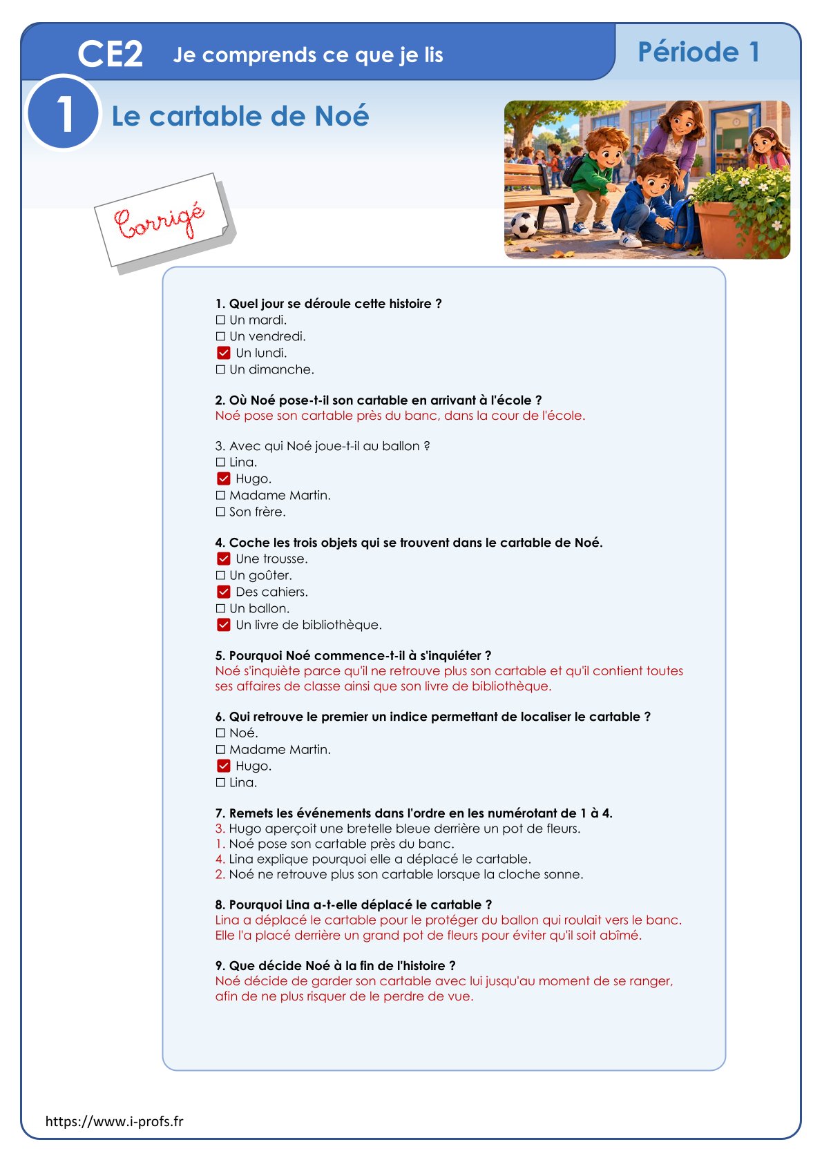Aperçu questionnaire : Le cartable de Noé CE2